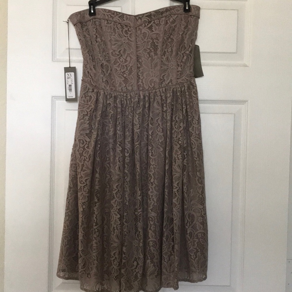 eva mendes for New York & Company Strapless Lace Midi Dress in Taupe Beige